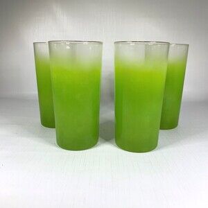 Green Frosted Glass Blendo Tumblers Tom Collins Set 4 Mid Century 1960s Vintage
